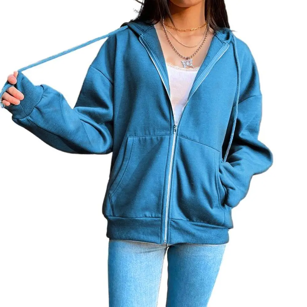Autumn Fleece Hoodie Solid Color Hooded Korean Fashion Sweatshirts Long Sleeve Top Drawstring Pockets Loose Zipper Black Hoodies | Женская