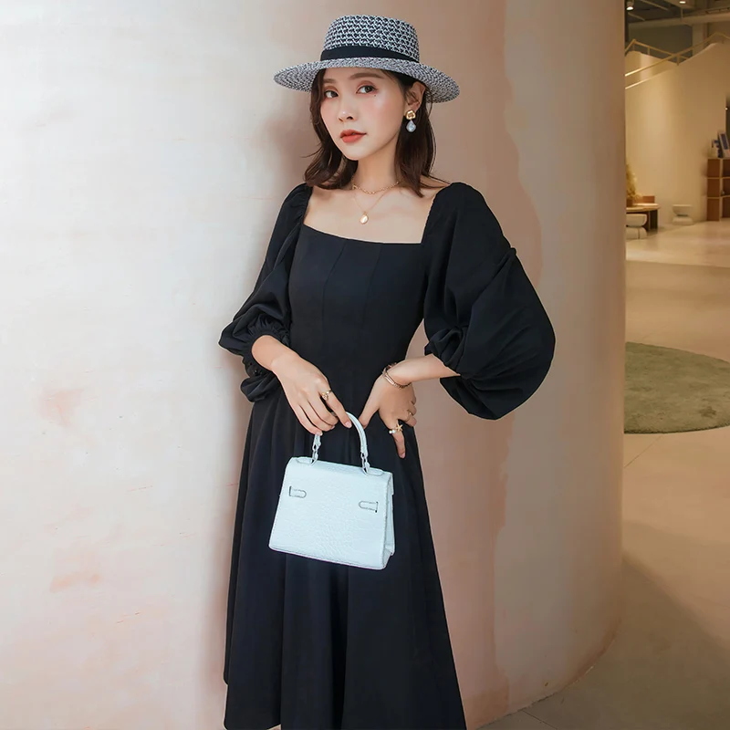 Осеннее платье YIGELILA с квадратным вырезом до середины икры рукавами фонариками