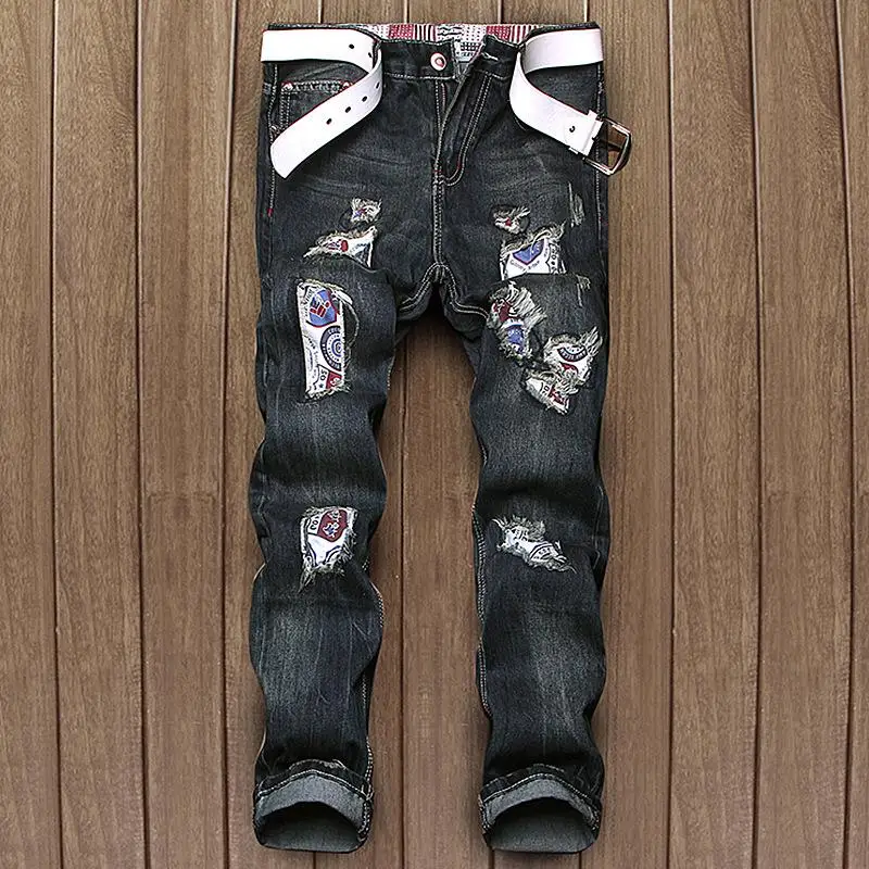 

Men's Locomotive Jeans Embroidery Trousers Male Ripped Denim Pants