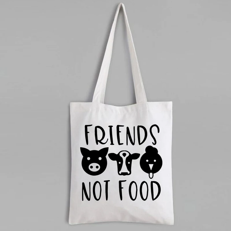 

Friends Not Food Canvas Tote Bag Vegan Plant Based Shopping Bags Eco Friendly Animal Rights Vegan Activist Tote Bag Cartoon