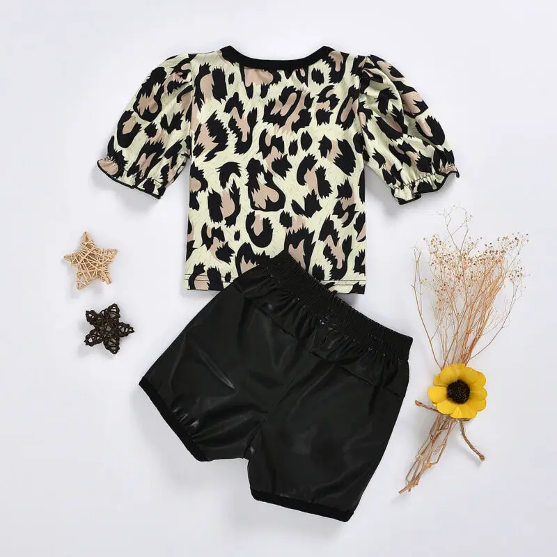 

Toddler Kids Baby Girl Summer Tops T-shirt PU Shorts 2Pcs Outfits Clothes