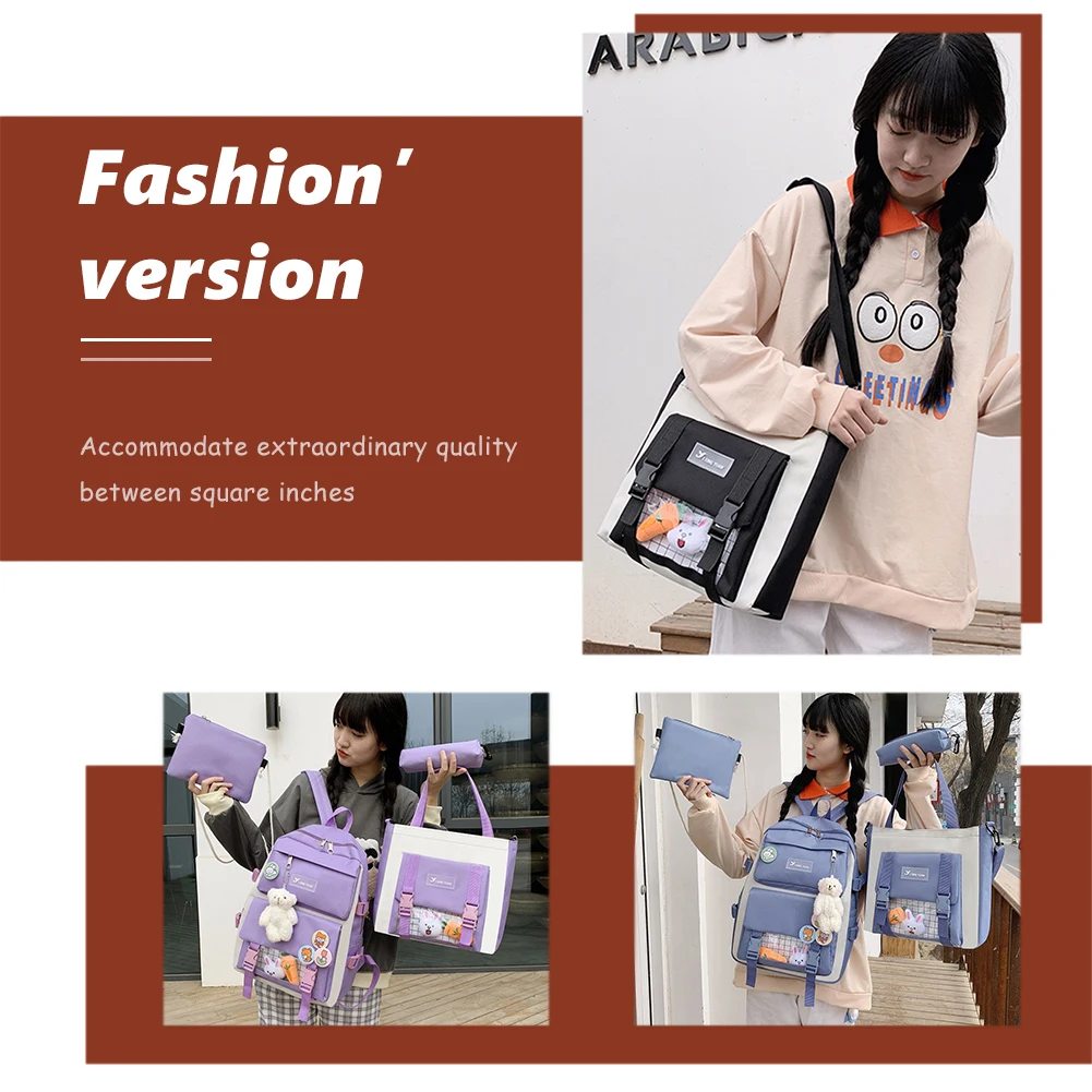 

Fashion Women Canvas 4pcs Composite Bags Transparent Patchwork Contrast Color Backpack Shoulder Crossbody Bags Preppy Style