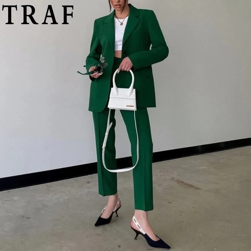

ZAR TRAF Green Blazer Women 2022 Office Business Casual Blazer Woman Vintage Elegant Female Blazer Sets Fall Long Sleeve Jacket