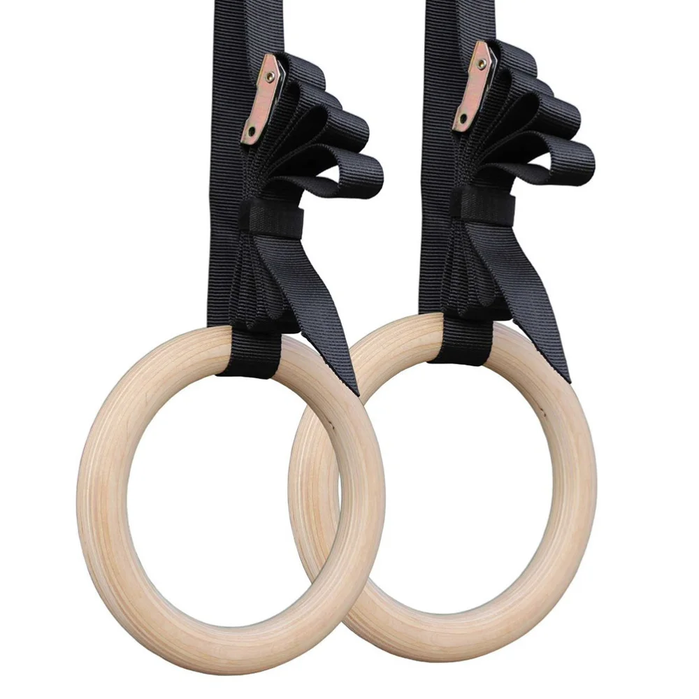 

A Pair of Gymnastic Rings Wooden Fitness Rings with Adjustable Straps for Full Body Strength and Muscular Bodyweight Training Cr