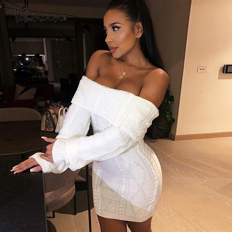 Женское трикотажное платье свитер с открытыми плечами и длинным рукавом|Женские