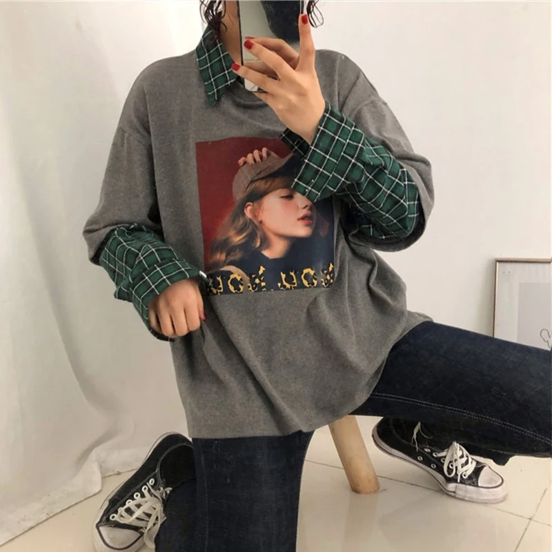 

Hoodies Women Turn-down Collar Patchwork Fake Two Pieces Vintage Ulzzang Stylish Loose School Girls Females Spring Hot Selling