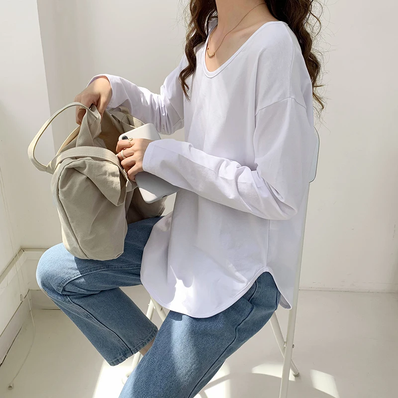 Женская футболка с длинным рукавом и V-образным вырезом весна-осень свободная