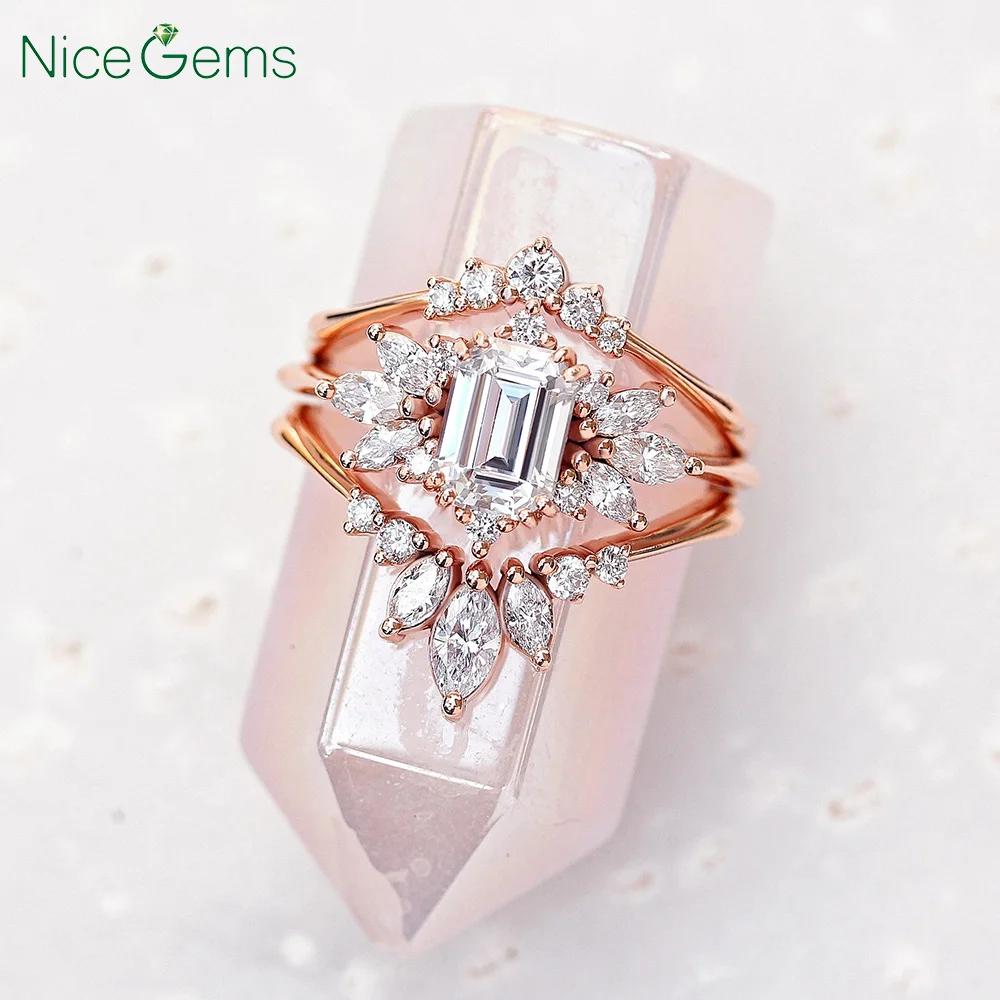 Niceems Твердое 14K розовое золото в центре 7x5 мм изумруд огранка моиссанит