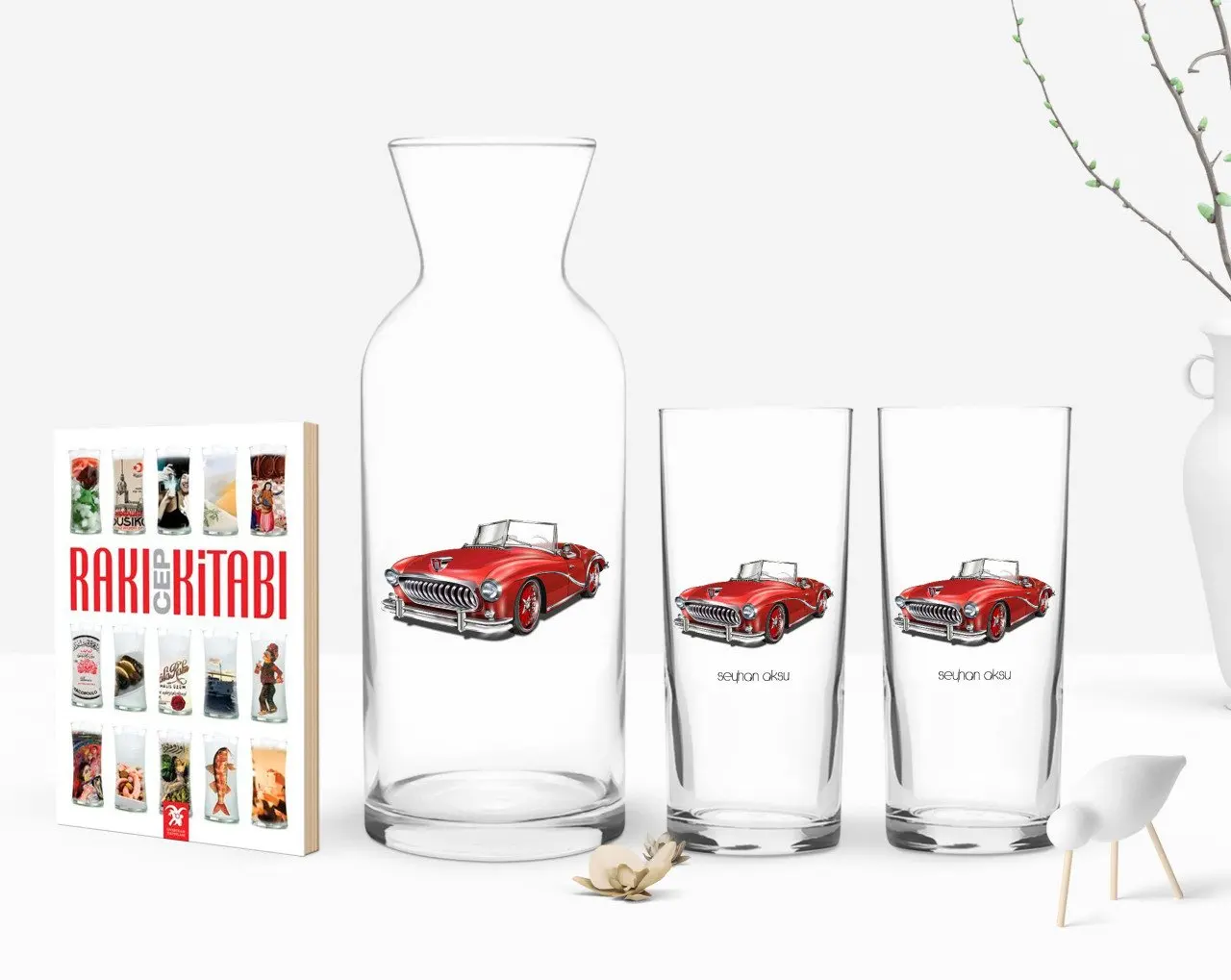 

На заказ цветной печати с коротким рукавом свободно ретро мини-автомобиль, дизайн с двумя Arrack чашки графин и карманная книжка подарок Seti-2