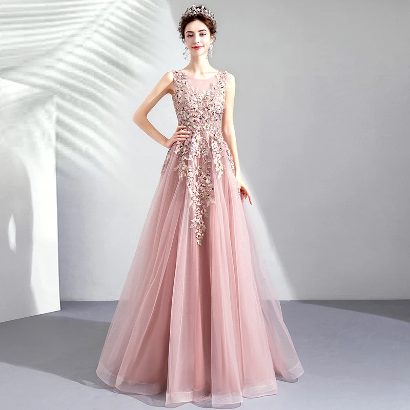 Новинка года; vestido de festa; милое Розовое Кружевное длинное вечернее платье с круглым вырезом; вечерние платья невесты с открытой спиной и бусинами; платья для выпускного с жемчугом