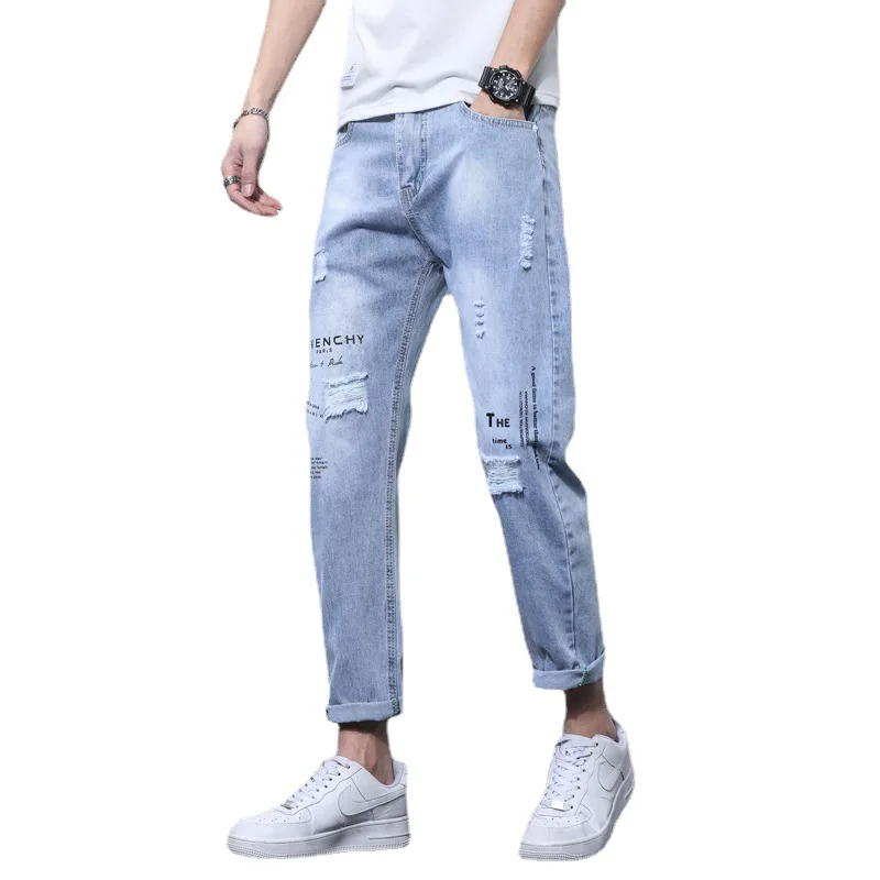 

2021 Jeans Men's Korean Style Casual Denim (Ankle-Length Pants) Summer Thin Trendy Light Color Hole Mid-Waist Jeans