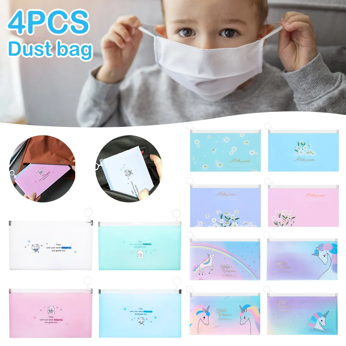 

4pc PP Cartoon Storage Bag Portable Zipper Reclosable Face Cover Storage Bag Dustproof&Waterproof Storage for School Home Office