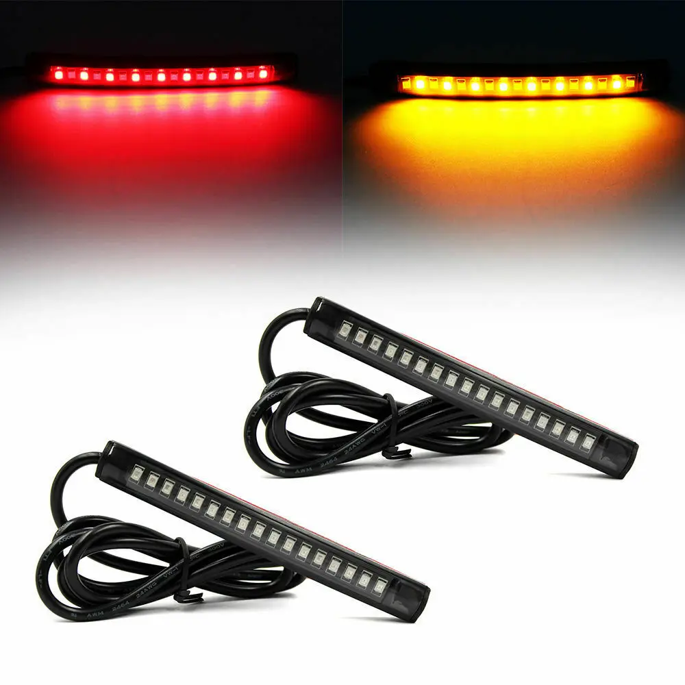 

2X Motorcycle Universal Flexible 17 LED Tail Light Strip Indicator Brake Stop Turn Signal Amber+Red Strip lamp
