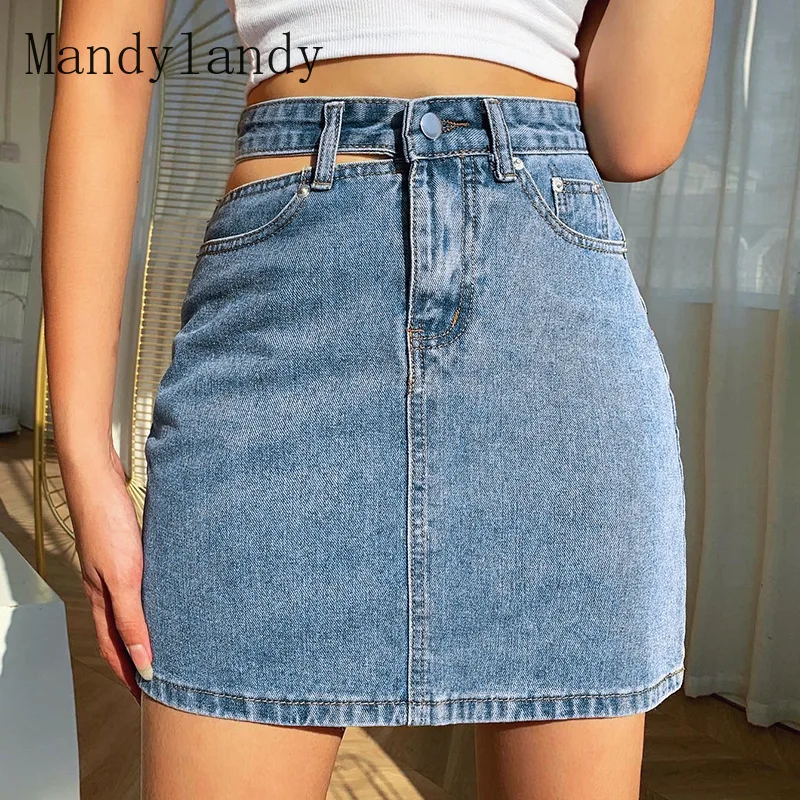 

Mandylandy Denim Skirt Summer Fashion High Waist Hollow Out Mini Denim Skirt Women's Casual Solid Color Slim Skirt