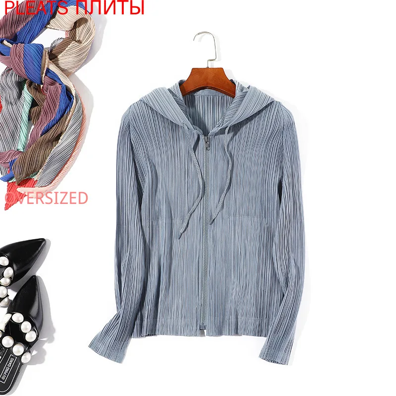 Spring and Summer New Miyake Fashion Pleated Suit Pants Long Sleeve Hooded Coat + Straight Pants Two Piece Set Trousers Suit