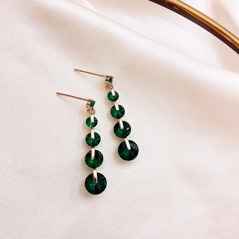

Korea Fashion Luxury Round Green Crystal Pendant Earrings for Women 2021 Jewelry Atmosphere Party Girl Earrings Long Accessories