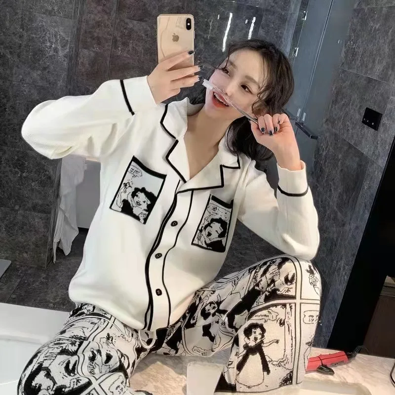 SURE YOU LIKE New Autumn Women Cartoon Cute Pajamas Sets Long Sleeve Leisure Sleepwear For Women Loss Nightwear Homewear Suit
