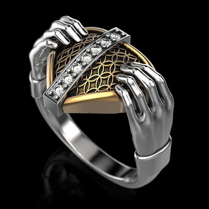 

Mifeiya Creative Punk Gold-plated Hands Show Love Heart Holding Rings For Women Men Creative Crystal Heart Punk Rings Size 5-11