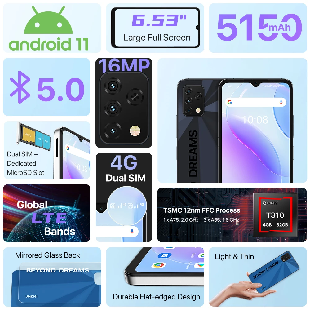 Смартфон UMIDIGI A11S глобальная версия 6 53 дюйма 4 + 32 ГБ 5150 мА · ч тройная камера 16 МП |
