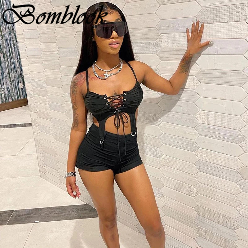 

Bomblook Sexy Party Club Womens Suit Summer 2021 Solid Lace Up Irregularity Camisole Slim Shorts 2 Piece Sets Femme Streetwears