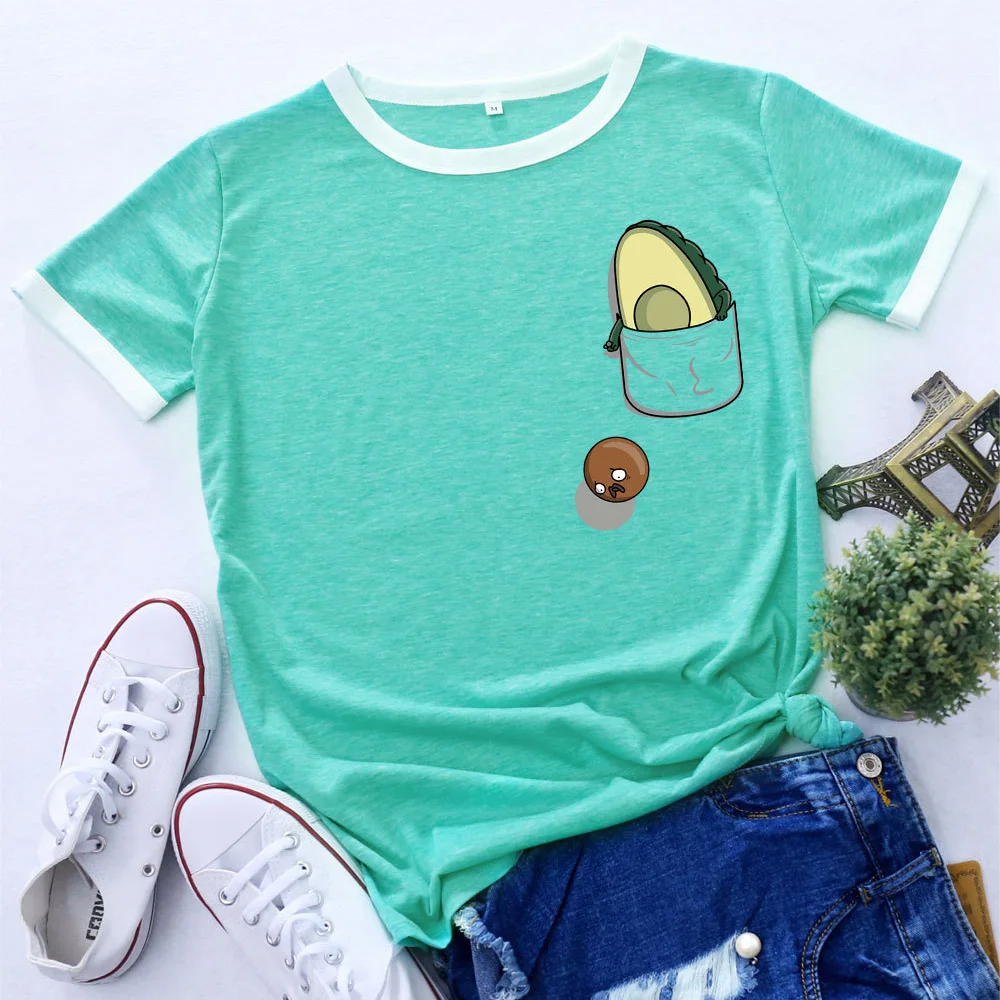 

Смешные карманы Авокадо Фрукты женские цветные блоки круглый вырез Короткие Shleeve хлопковая смесь летние футболки Графические футболки жен...