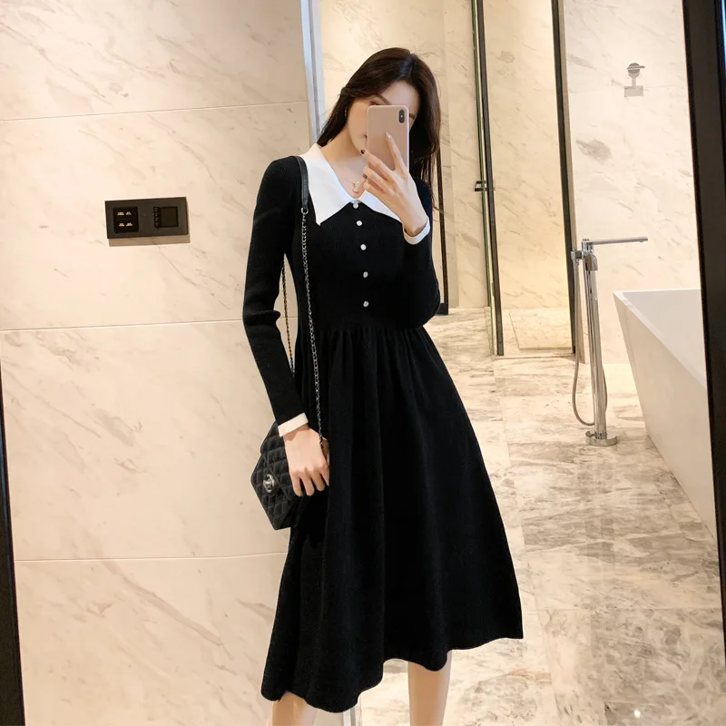 Осенне-зимнее плотное платье-свитер женское длинное платье средней длины с