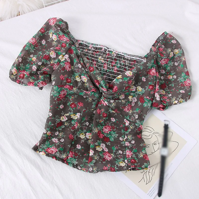 

Summer Sweet V-Neck Shirt Female Short Sleeve Blouses Women Floral Print Chiffon Blouse