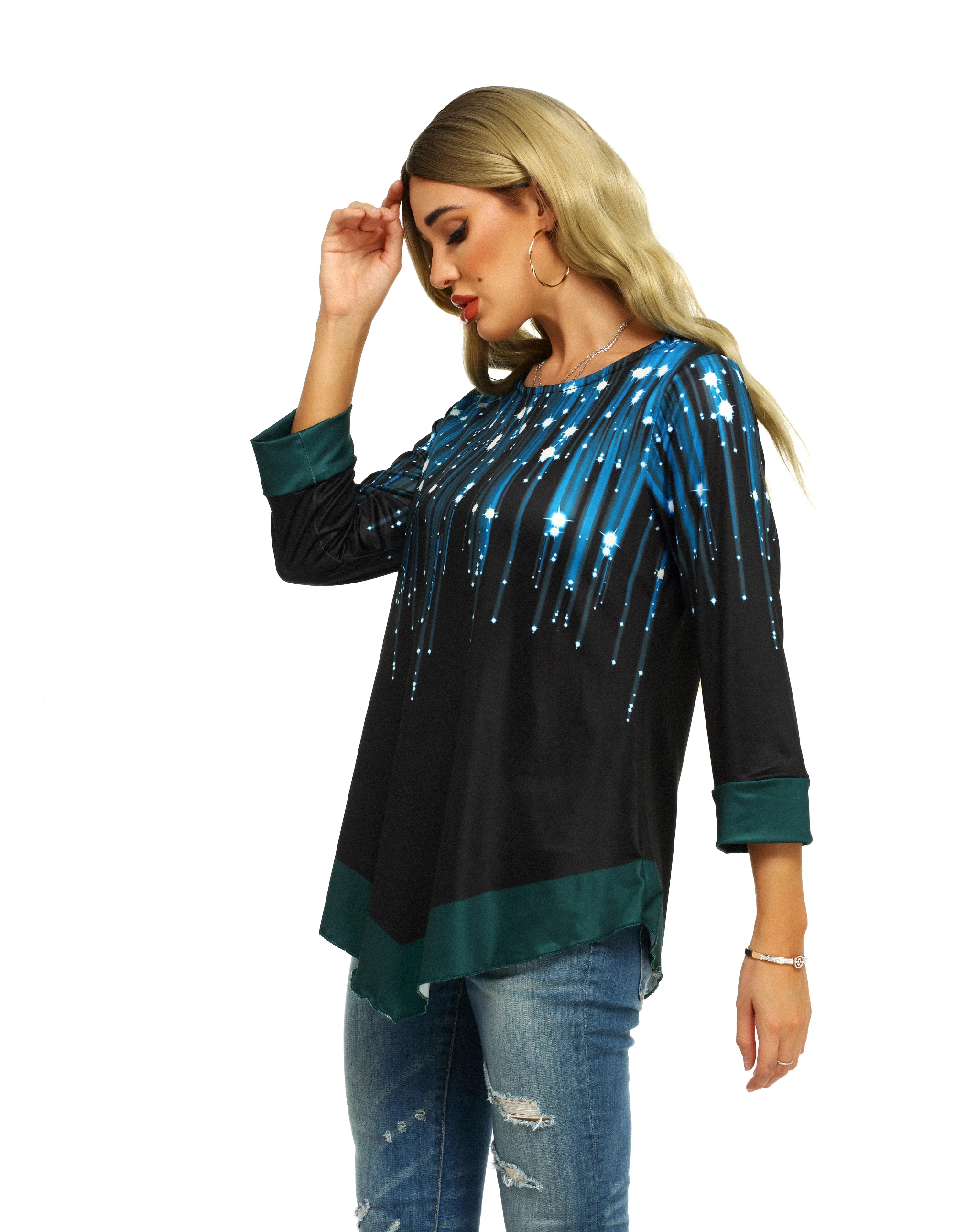 Фейерверк печатных футболка с длинным рукавом Топ для женщин 2020 новый дизайн