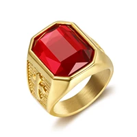 mens gemstone jesus cross ring luxury gold color stainless steel quality ring crystal square red stone wedding band ring for men