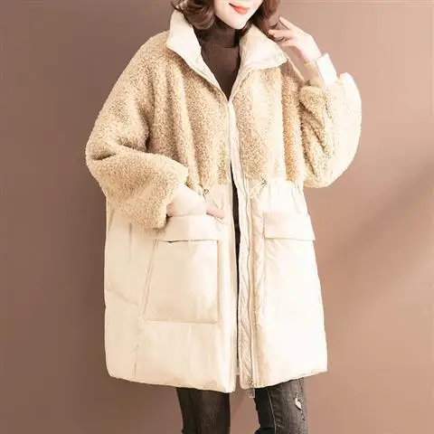 

Winter Stitching Lamb Wool Cotton Coat Female Loose And Warm Solid Color Long Sleeve Cardigan Jacket Tide