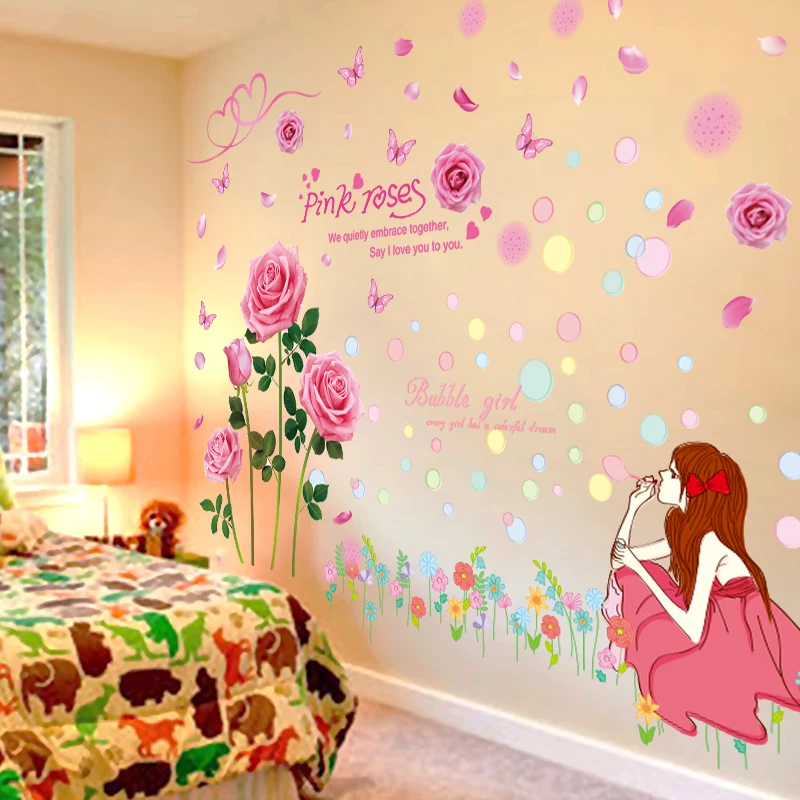 

[shijuekongjian] Cartoon Girl Bubbles Wall Stickers DIY Roses Flowers Mural Decals for House Kids Rooms Baby Bedroom Decoration