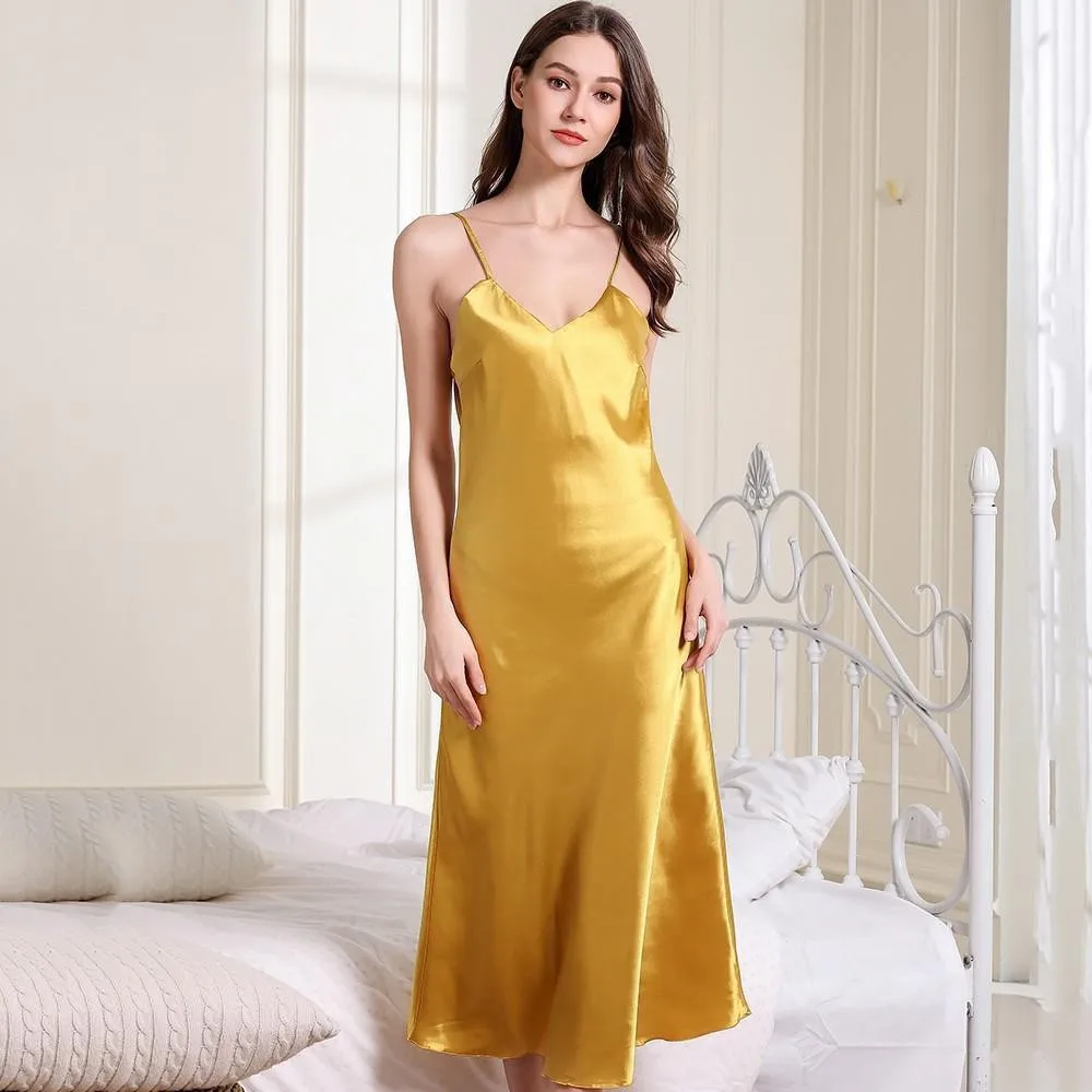 

Women Satin Nightdress Yellow Summer New Suspender Skirt Sleepwear V-neck Nightgown Sexy Long Spaghetti Stap Night Dress