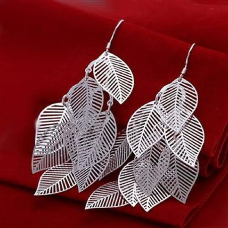 

925 Sterling Silver Lovely Woman Smooth Leaf Shape Dangle Earrings