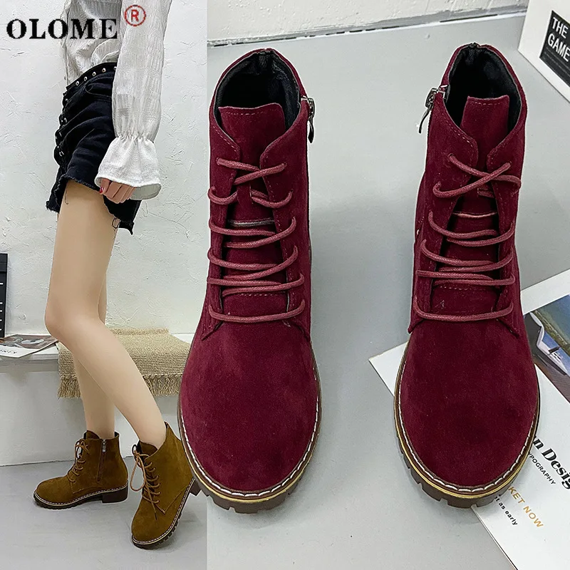 

2021 Winter Lace-up Suede Martin Women's Boots Thick-soled Warm Flat Shoes Nude Boots Large Size 35-43