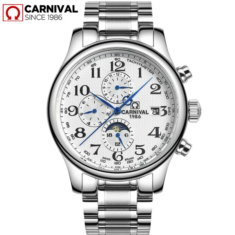 Carnival Brand Military Watch Men Fashion Luxury Waterproof Automatic Mechanical Wrist Watch Moon Phase Clock Relogio Masculino