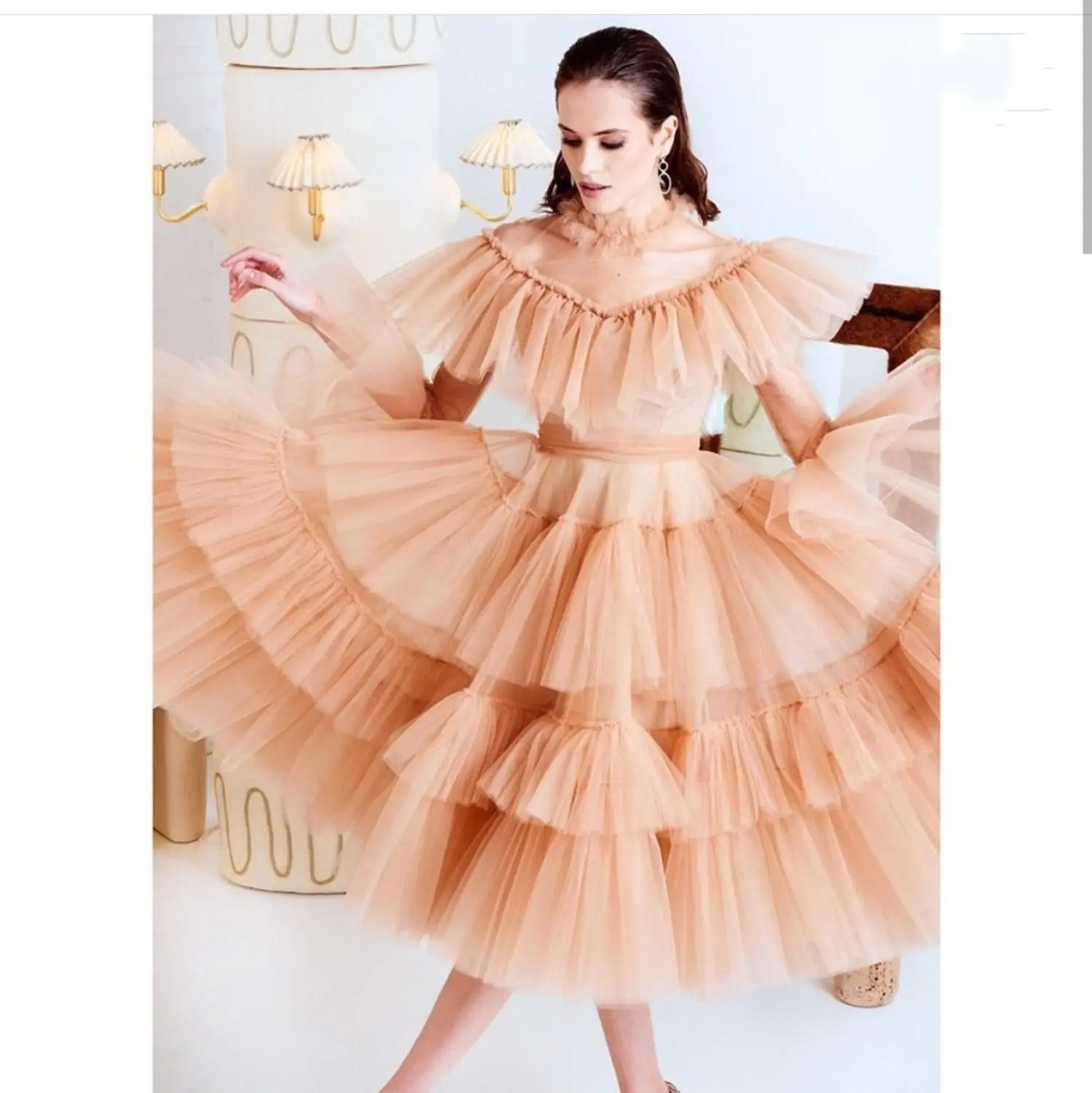 

2020 prom dress charming orange women party gwons 3 layers robe manche longue soiree vestidos de pasarela 2020 obe soires