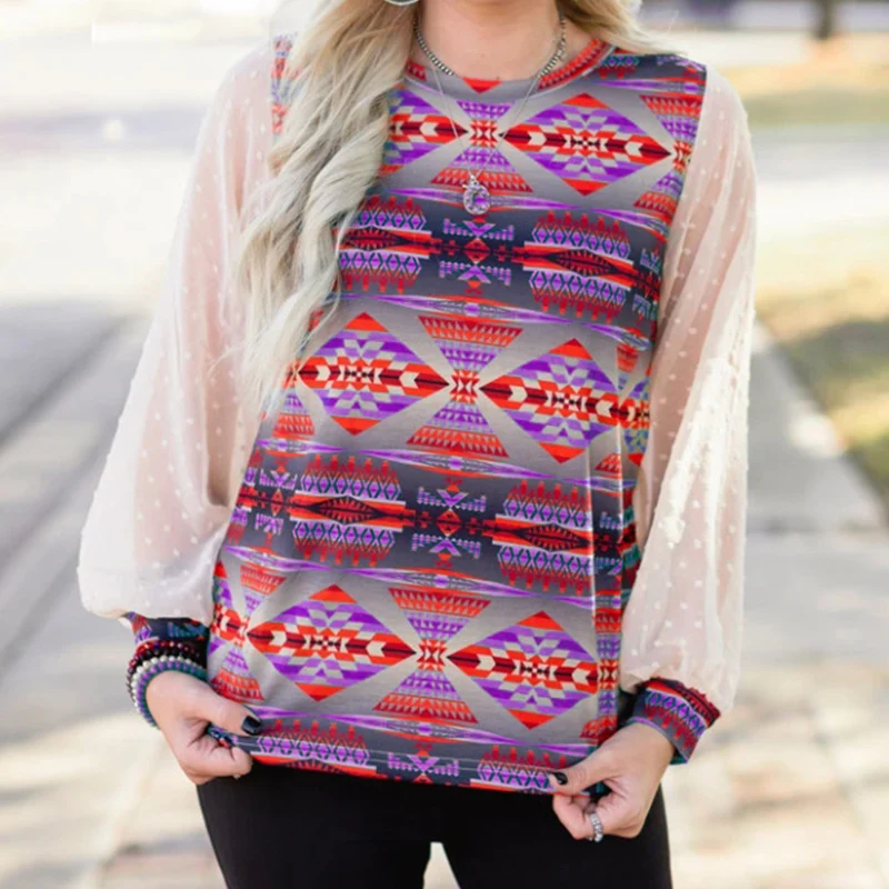 Casual Loose Office Lady Stitching Pullover Top New Mesh Long Sleeve Women Tops Fashion Summer Slim Fit Printed Bottoming Shirts | Женская