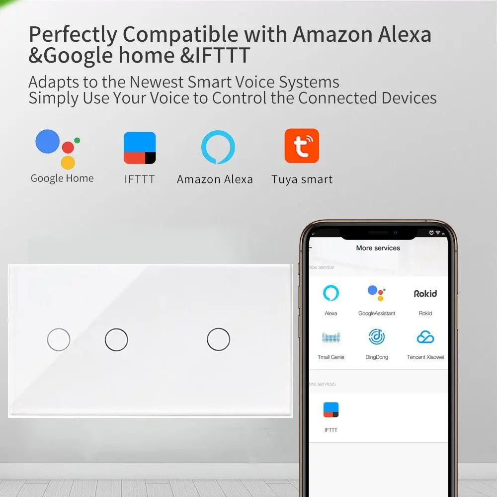 

Bingoelec EU Standard Wireless 2Gang With 1Gang Can 1 2Way WiFi Smart Switch Glass Panel Wifi Lamp Switch For Google Home Alexa