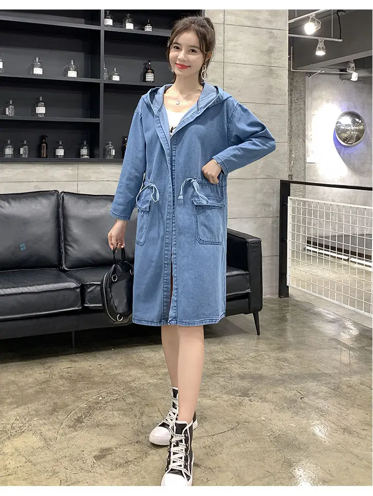 

Large Size Women's Autumn And Winter Windb New Hooded Long Section Extra Large Size Denim Coat Female Fat MM Loose Windbreaker