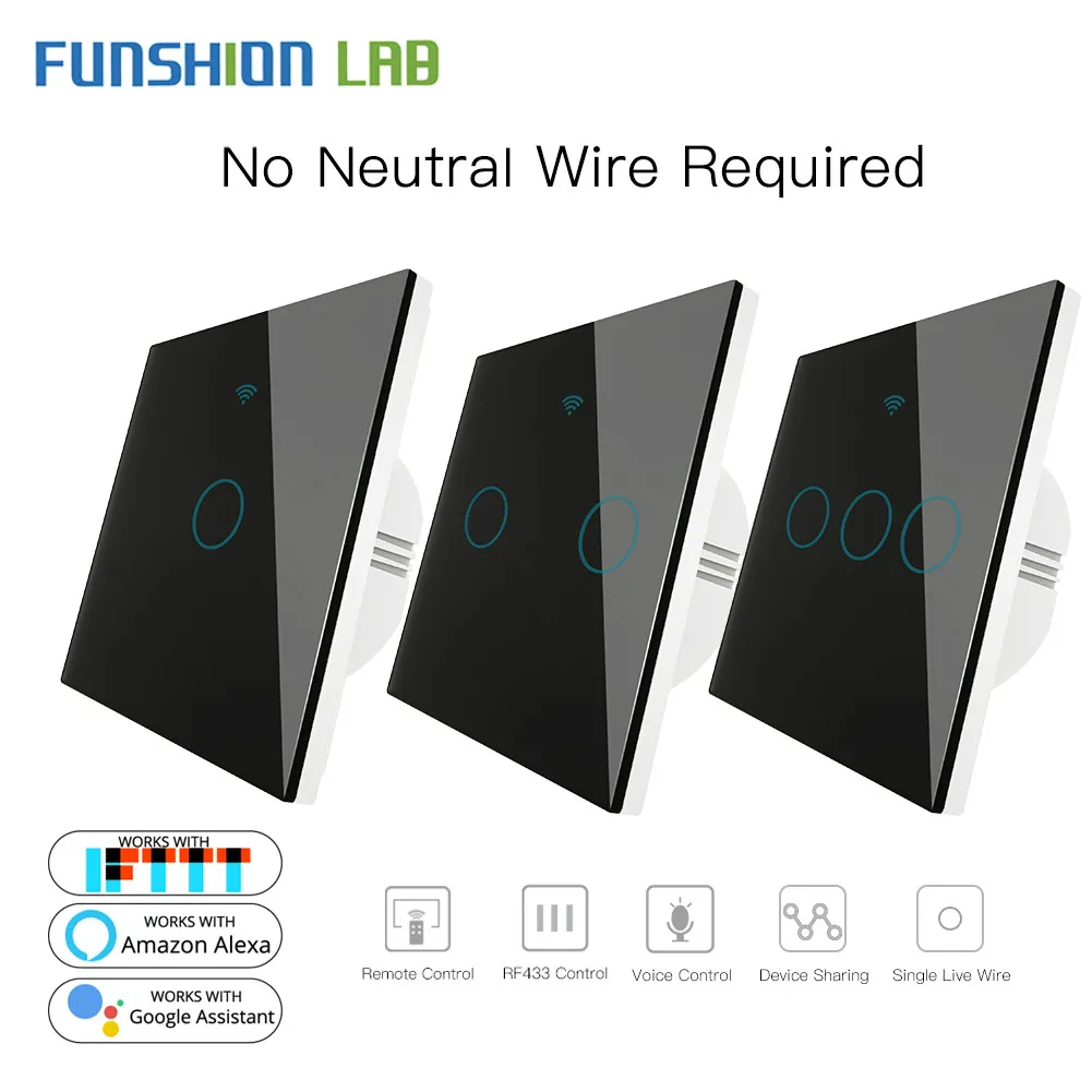 Умный настенный выключатель черный с поддержкой Wi Fi без нейтрального провода