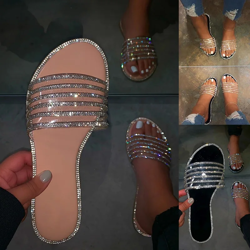 

Summer Women PU Transparent Slippers Bling Woman Beach Sandals Clear Slides Flats Home Slippers Ladies Jelly Shoes Dropshiping