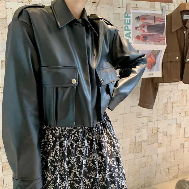 

Aibeautyer Spring Autumn Lady High Street Coat Women Fashion Biker Pu Jacket Turn-down Collar Zipper Short Faux Leather Jacket