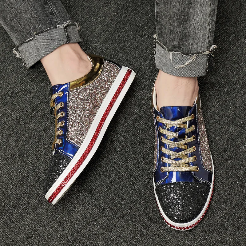 X Brand Fashion Shiny Mirror Shoes Men Casual Sneakers Classic Golden Silver Low cut Luxury Glitter chaussure homme |