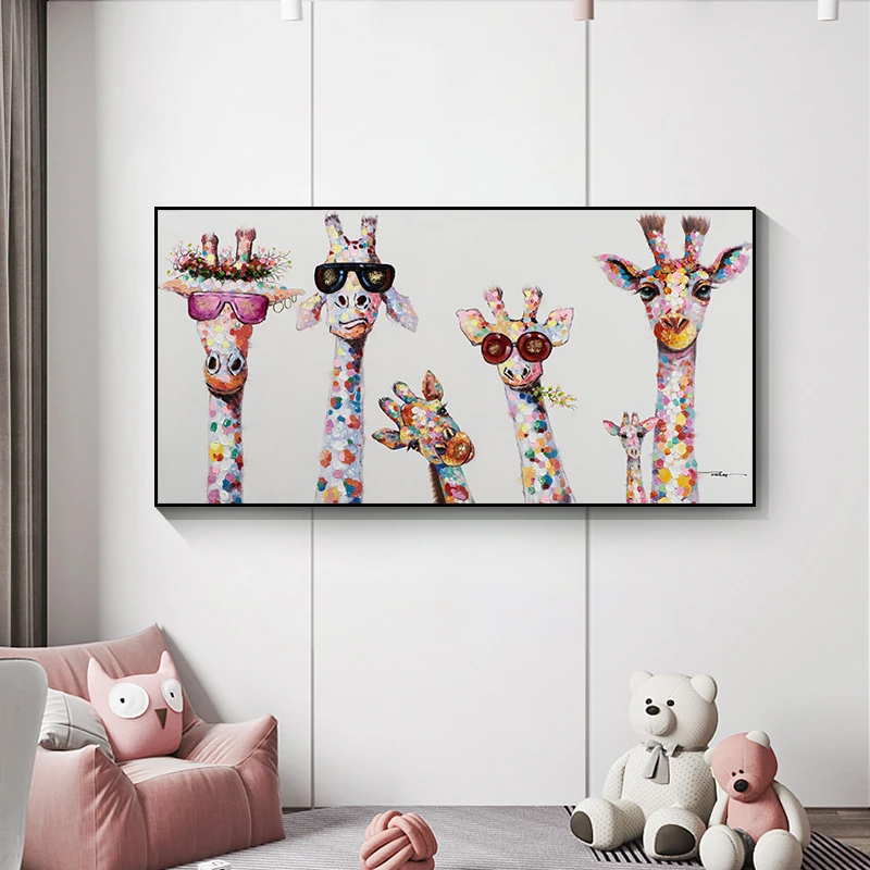 

Abstract Graffiti Cartoon Giraffe Family Oil Painting Animal Posters and Prints Art Canvas Pictures for Kids Room Home Decor