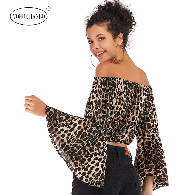

Spring 2020 new women clothes Europe America sexy off shoulder flare sleeve chiffon shirt leopard print short tops and blouses