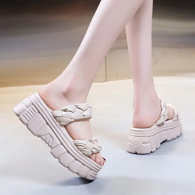 

High-Heeled Shoes Lady Woman's Slippers Black Sandals Platform Slides On A Wedge 2021 Beige Flat PU Shoes Woman 2021 Slippers Fl