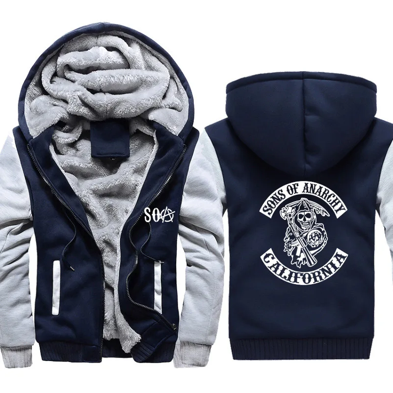 

SOA Sons of Anarchy Hoodies Mens Winter fleece Thicken Warm coats zipper Sweatshirt SAMCRO Print Mens Hoodies Jacket Hoody Male