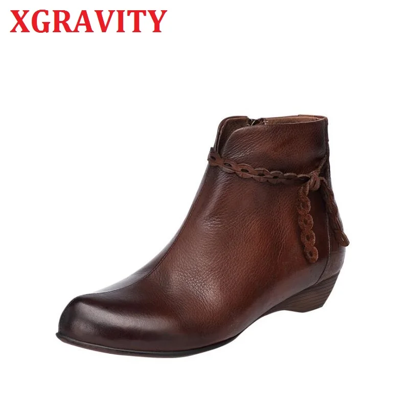 

XGRAVITY S097 New Ethnic Fashion Casual Boots Short Heel Wedge Shoes Pointed Toe Cow Genuine Leather Boots Leisure Shoes Girls