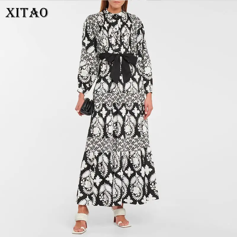 

Женское однобортное платье XITAO, Осеннее однотонное Свободное платье с полувысоким воротником и длинными рукавами, WMD3879, 2021