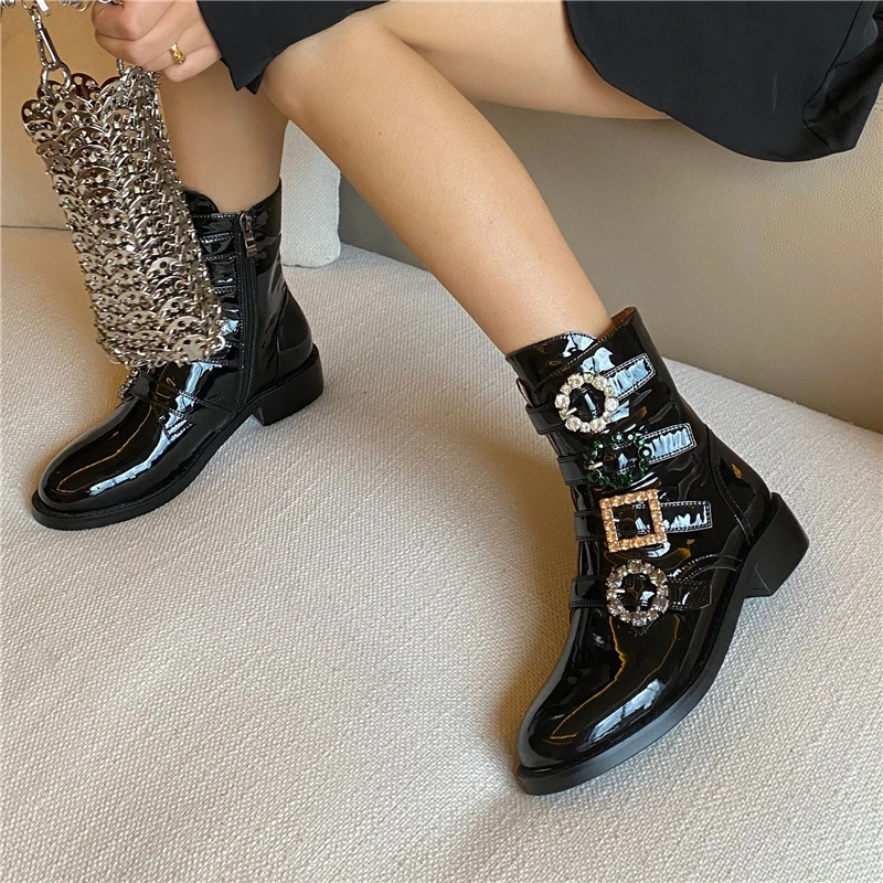 

COVIBESCO Autumn Winter Casual Women Ankle Boots Genuine Leather Thick Heels Shoes Woman Fashion Rhinestone Buckle Zipper Boots